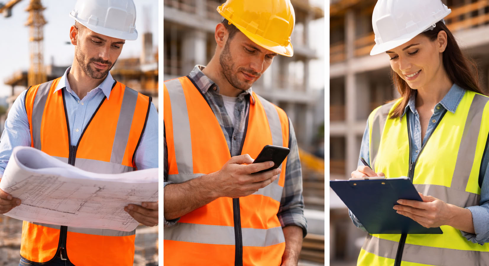 A construction worker writes notes on a clipboard at a construction site, emphasizing planning and precision.