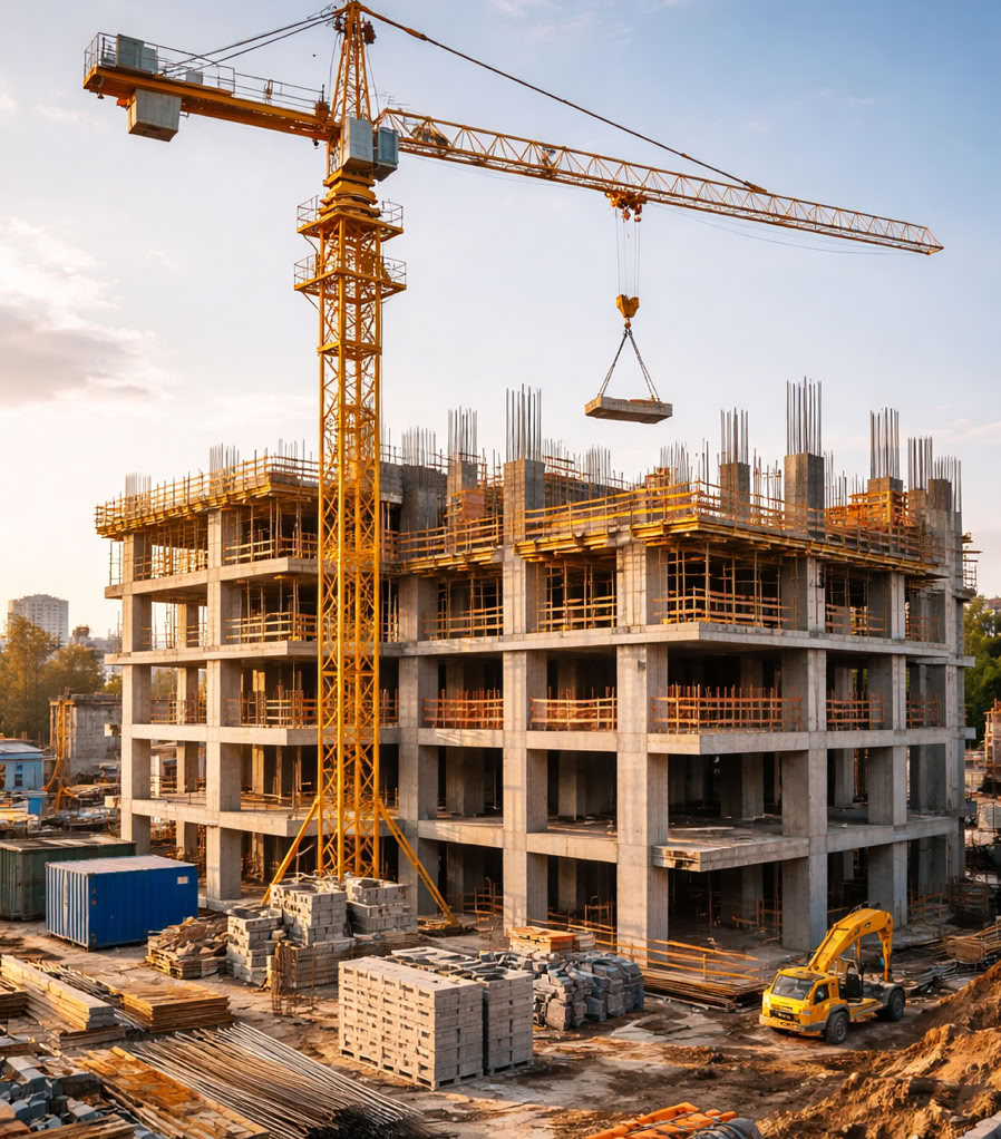 Close-up of a tower crane at a construction site with scaffolding under a blue sky.